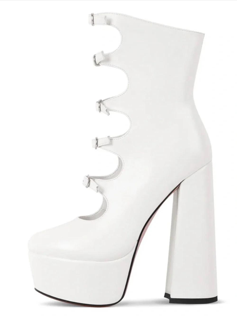 White Platform Ankle Boots with Scalloped Buckle Straps